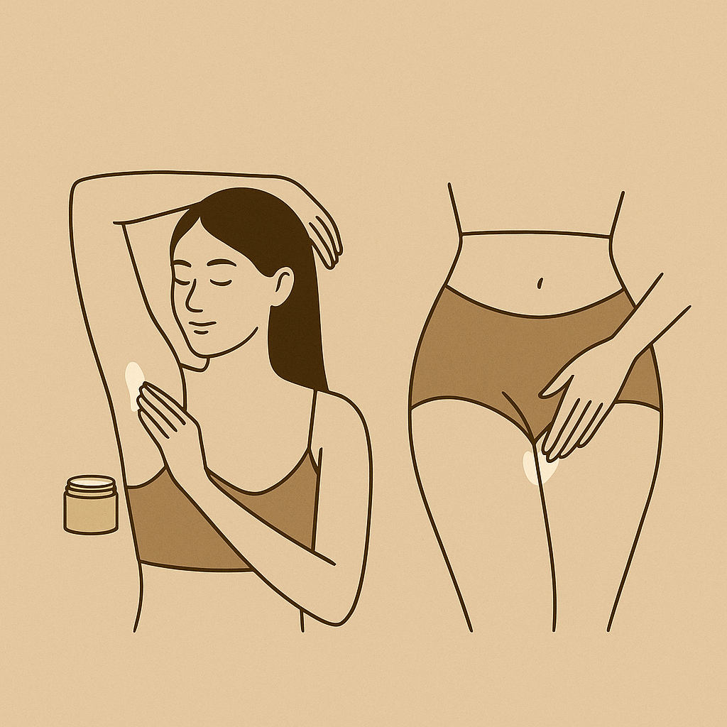 How to apply Maison Staré deodorant cream - illustrated guide showing application to underarms and intimate areas